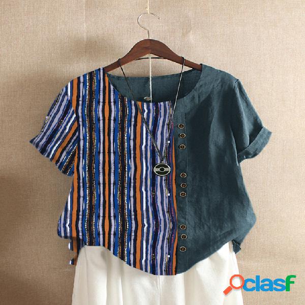 Vintage listrado com mangas curtas Casual Botton Camisa