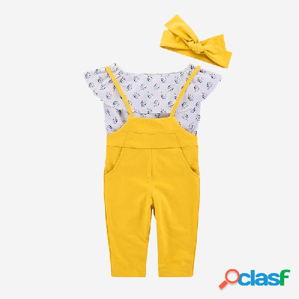 3PCs Impresso Top + Macacão + Headwear Conjunto de Roupas