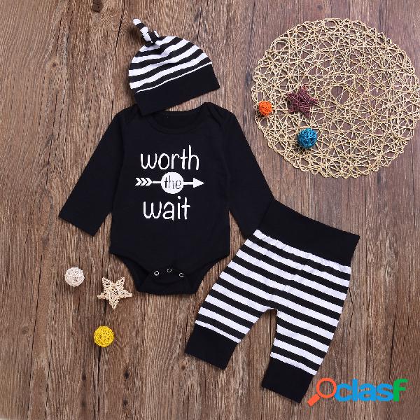 3Pcs Letter Print Baby Romper Listrado Conjunto de roupas
