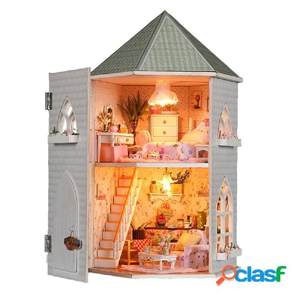 Amo castelo diy casa de bonecas de madeira em miniatura com