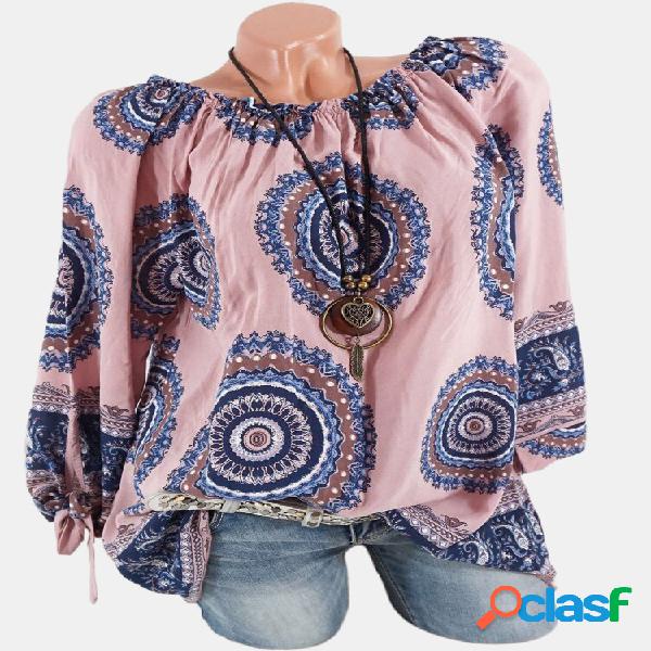 Blusa de manga comprida de laço de impressão étnica