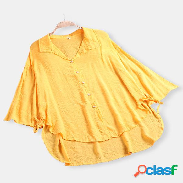 Blusa de manga comprida irregular de cor sólida vintage