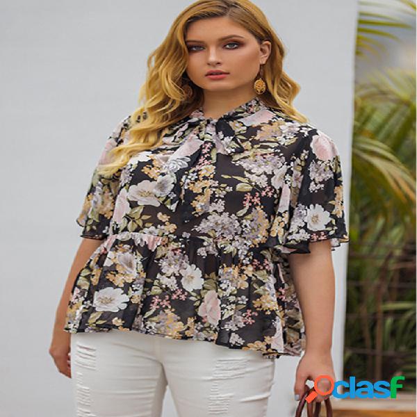 Blusa estampada de flores com manga curta e tamanho Plus