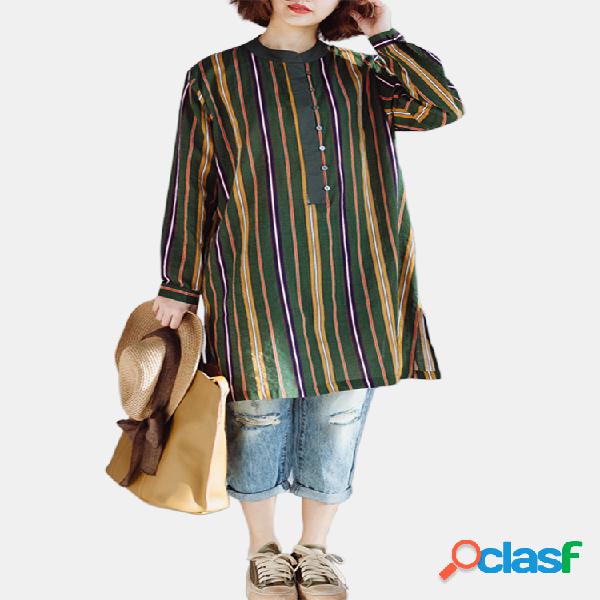 Blusas de botão impresso listrado vintage para mulheres