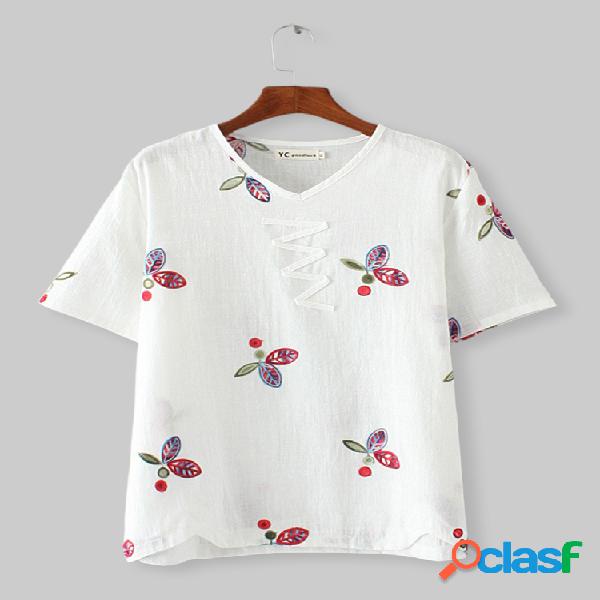 Blusas de gola v bordado casual para mulheres