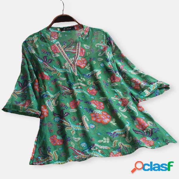 Bohemian Embroidery Floral V-neck Summer Plus Blusa de