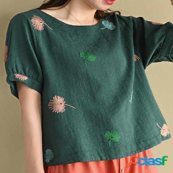 Bordado Flor manga curta O-pescoço T-shirt solto para