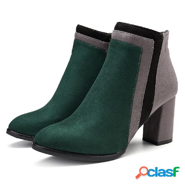 Botas de salto de bloco de camurça de cor mista de emenda