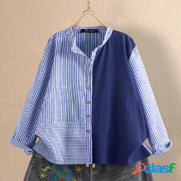 Botão de gola de retalhos listrados Plus tamanho Camisa