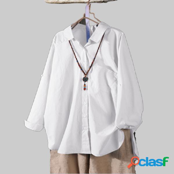 Botão de lapela vintage algodão Plus tamanho Camisa