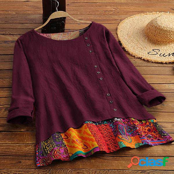 Botão de retalhos de impressão vintage Plus blusa de