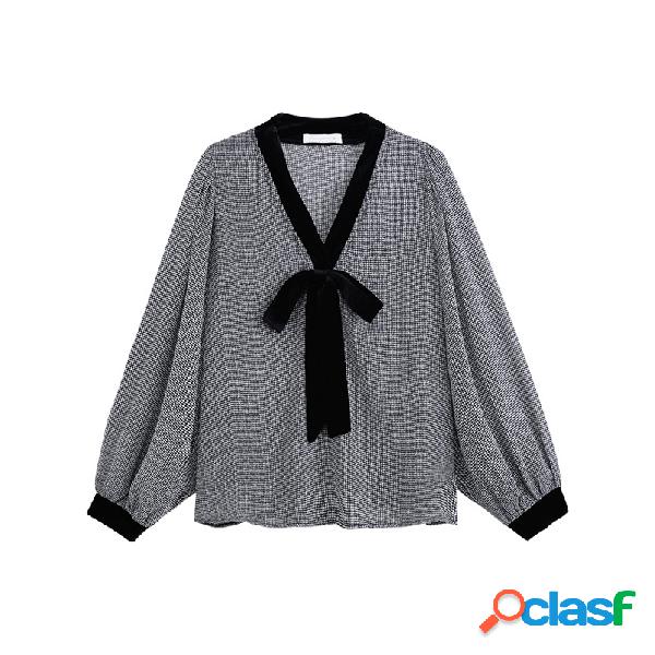 Bowknot Impresso Lanterna Manga Solta Chiffon Blusa Casual