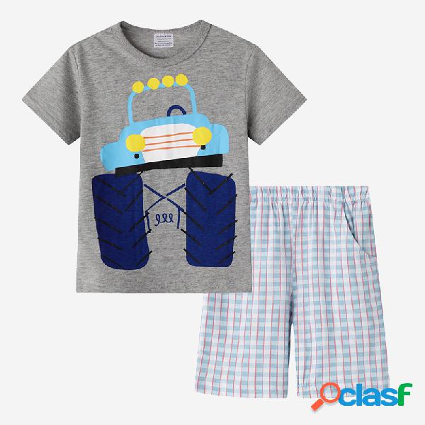Boy's Plaid Print de manga curta Soft Conjunto de roupas de