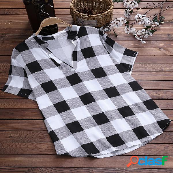 Camisas xadrez xadrez vintage v para mulheres
