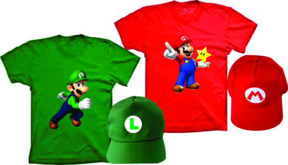 Camisetas Super Mario Bros e Luigi personalizados com boné