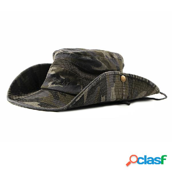 Camuflagem dos homens Algodão Bordado Visor Balde Chapéus