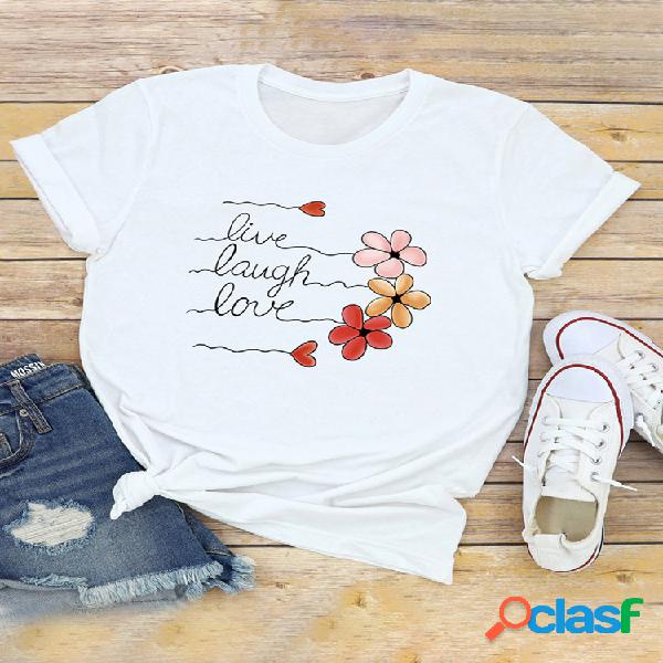 Carta Casual Floral Impresso Manga curta O-Neck Casual