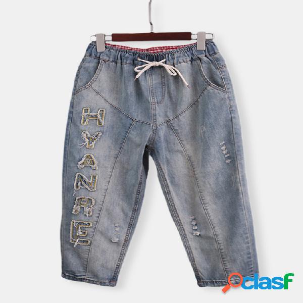 Cartas Remendo Solto Cintura Elástica Harem Denim