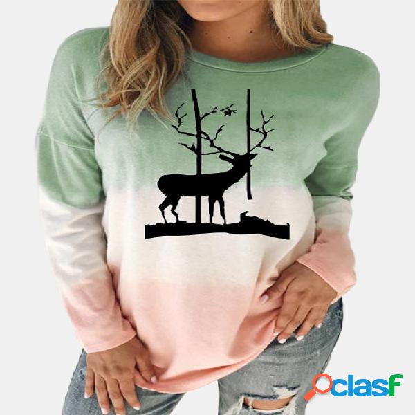 Cartoon Elk Print Casual Plus Blusa de tamanho