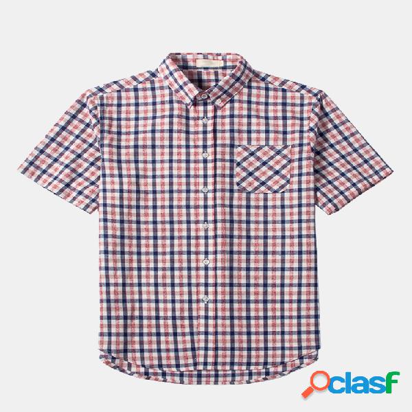 Casual Plaid Cotton Slim Fit Camisas de manga curta para