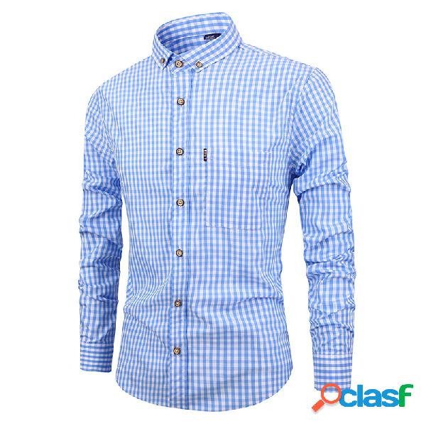 Casual Slim Fit Plaid dos homens Turn Down Collar Camisas de