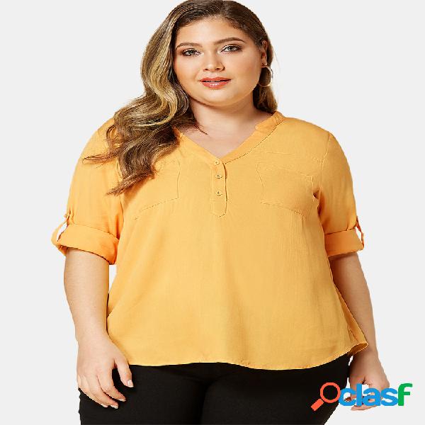 Casual Solid Color Decote em V Manga comprida Plus Blusa de