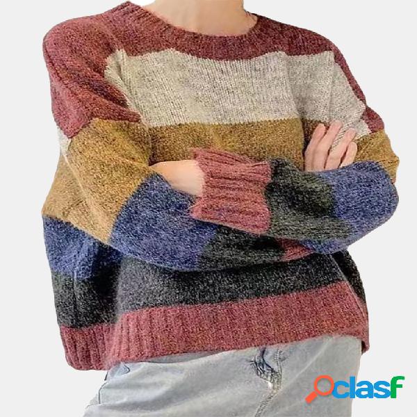 Casual contraste cor manga longa gola camisola para as