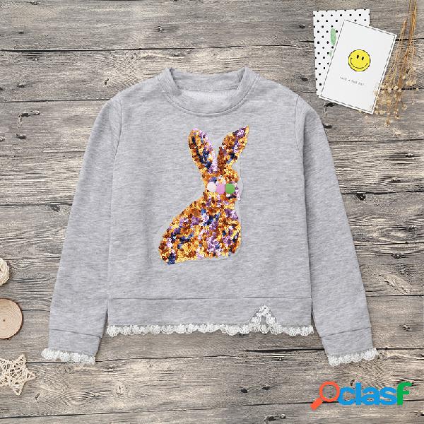 Colorful coelho meninas gola manga longa tops para 6y-15y