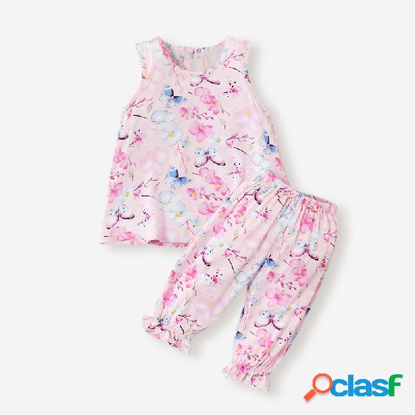 Conjunto casual sem mangas de estampa floral de borboleta da