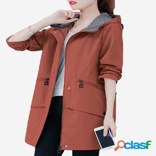 Cor sólida bolsos com capuz inverno blusão para mulheres