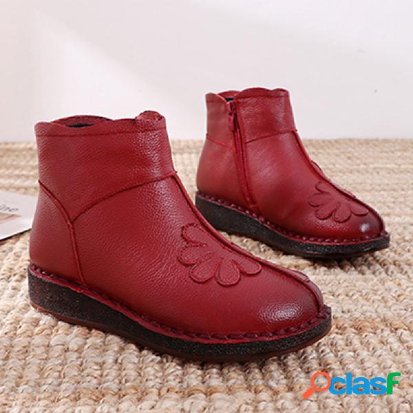 Couro flor costura Vintage Zipper Soft botas casuais único