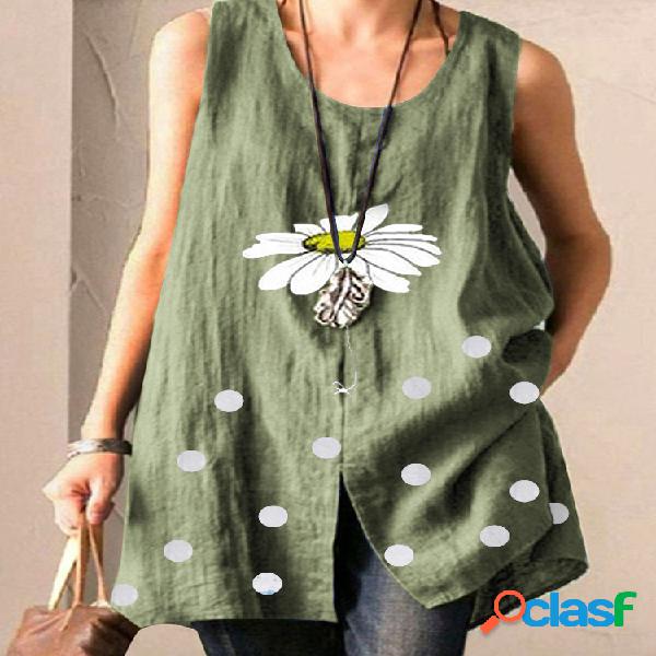 Daisy Flower Polka Dot Print Top sem mangas para mulheres