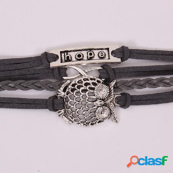 Estilo Vintage Esperança Coruja Pulseira de Couro PU Homens