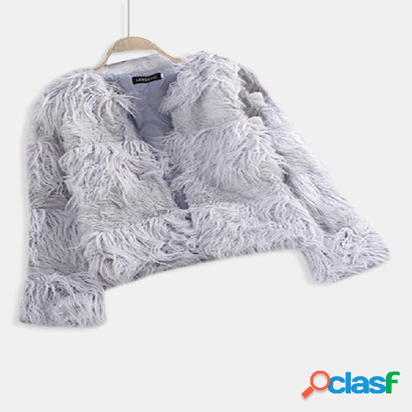 Faux Fur manga comprida Cor sólida Fofo Outono Inverno