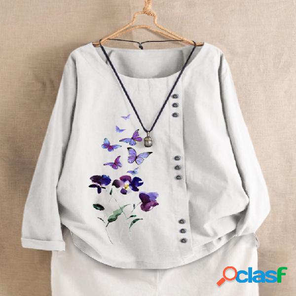 Flor borboleta impressão gola Plus tamanho camiseta