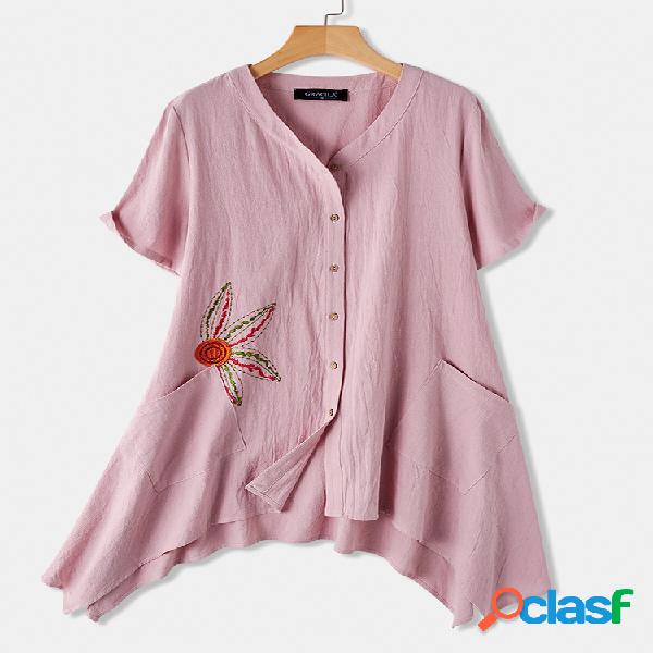 Flor bordado manga curta irregular Camisa para mulheres