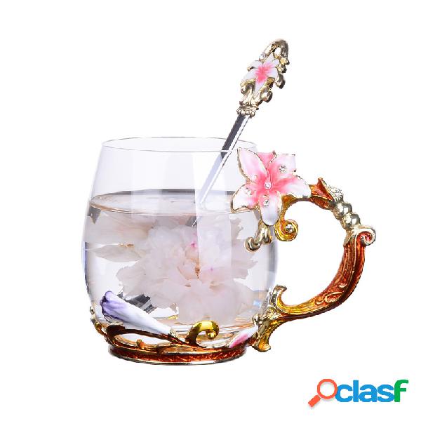 Flor de lírio flor de esmalte xícara de água de vidro