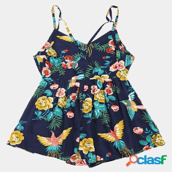 Floral Impresso Spaghetti Strap Com Decote Em V Macacões