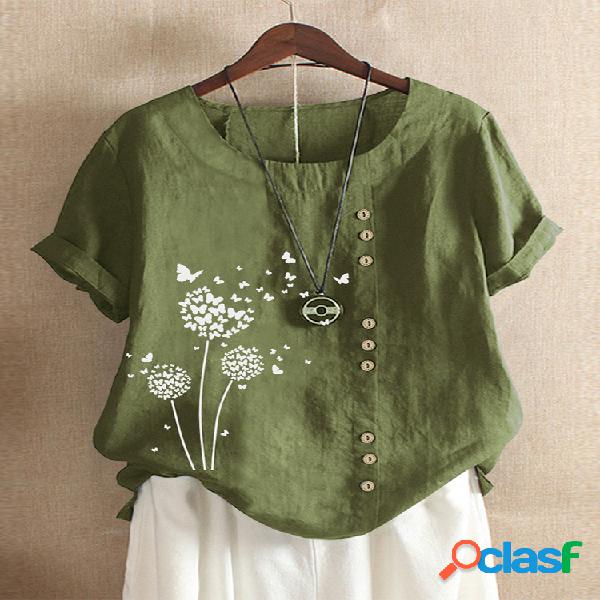 Flores Butterful impressão O-pescoço Plus tamanho camiseta