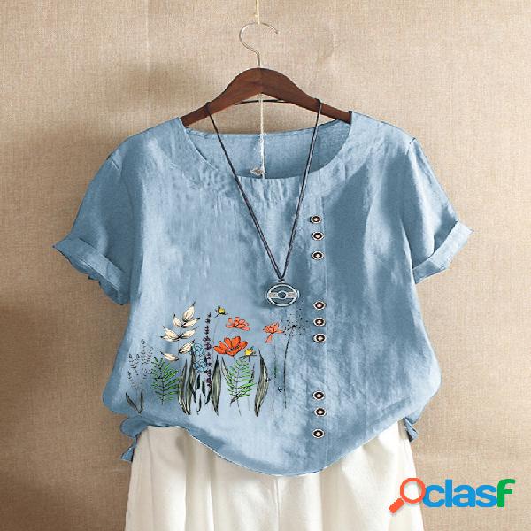 Flores Imprimir O-pescoço Plus Tamanho camiseta para as