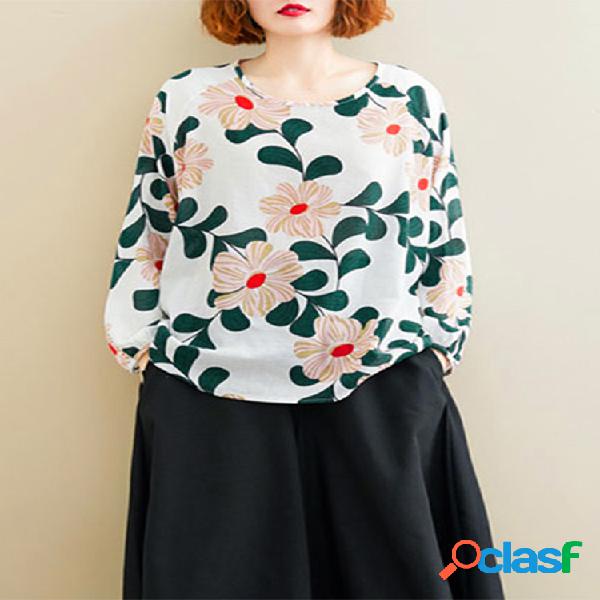 Flores Imprimir manga comprida solta Plus blusa de tamanho