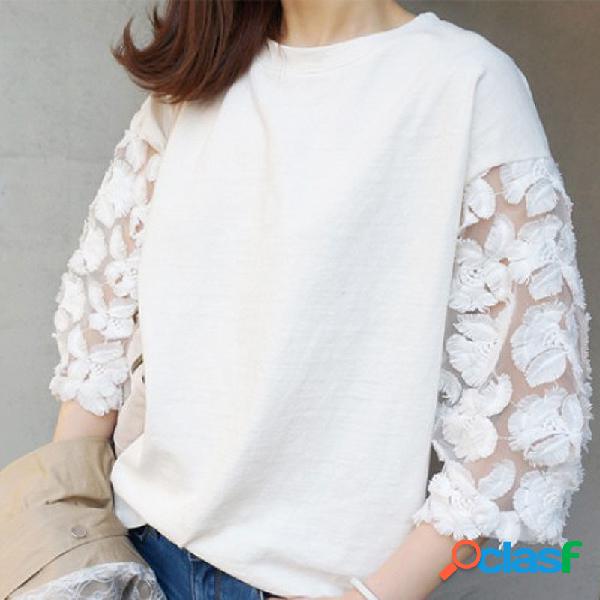 Gancho flor oco O-pescoço solto Camisetas