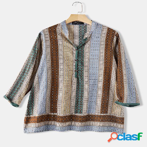 Gola de suporte de impressão listrada Casual Plus Tamanho
