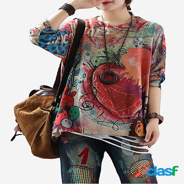 Grafite Vintage Imprimir Manga Comprida Fina Camisola