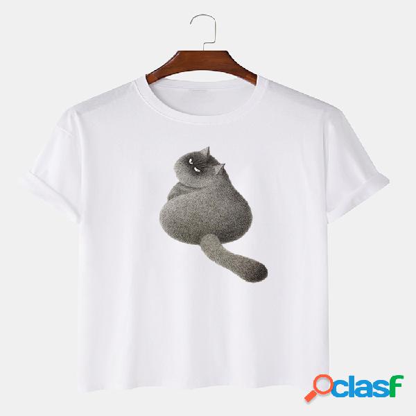 Homens 100% Algodão Cat Back Printed Casual T-Shirt