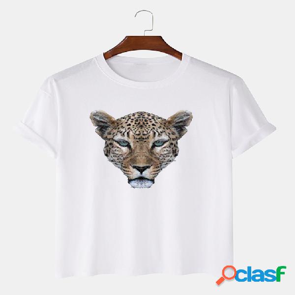 Homens 100% Algodão Leopard Head Print Casual T-Shirt