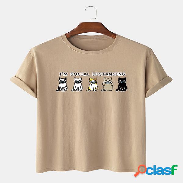 Homens 100% algodão cartoon gato impresso t-shirt casual