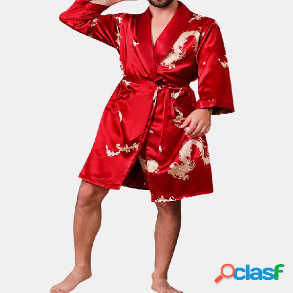 Homens Chinês Faux Silk Robe Retro Luxo Dragão Imprimir