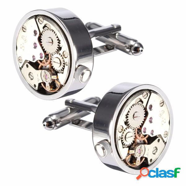 Homens Prata Cufflink Mecânico Assista Padrão Abotoaduras