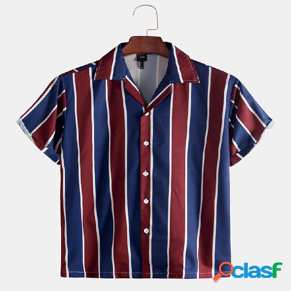 Homens Red-blue Striped Print Casual Manga curta Camisa